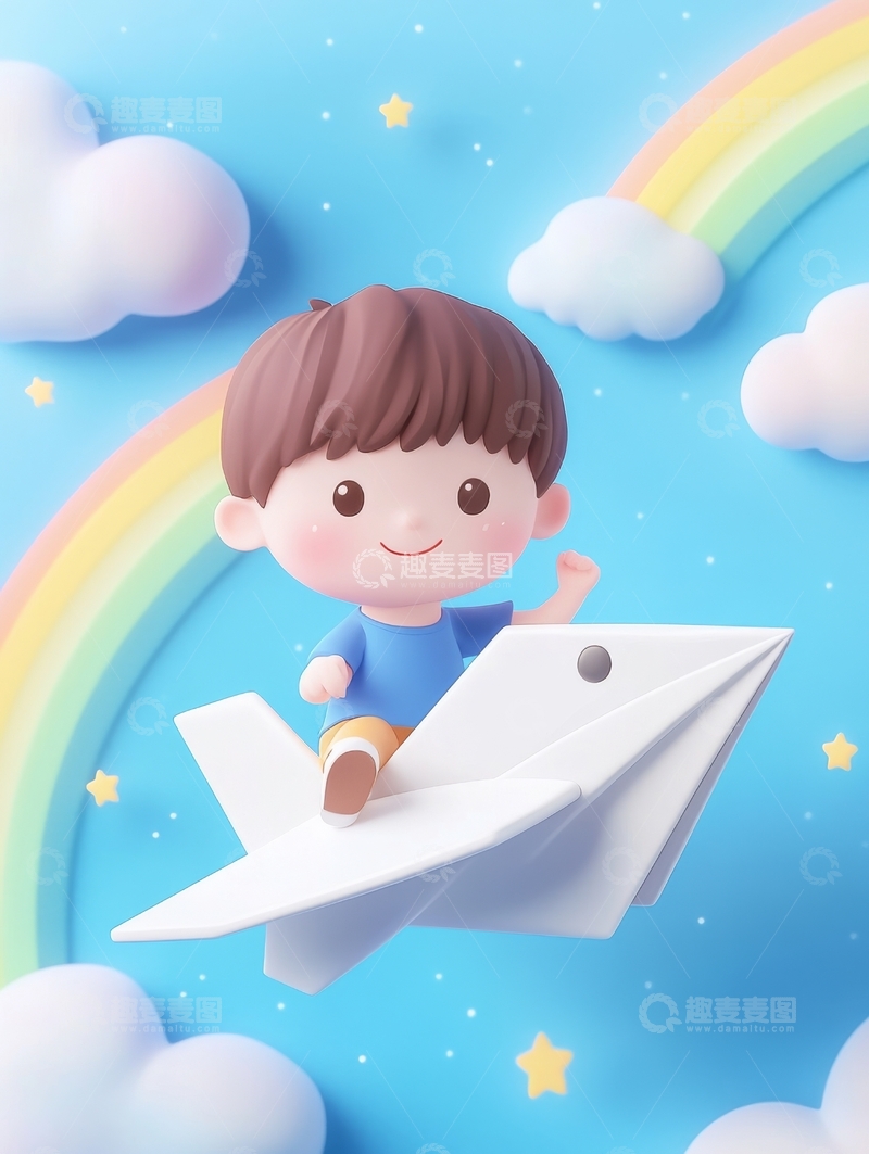 高清大图下载【趣麦麦图】童趣男孩乘纸飞机翱翔彩虹天空