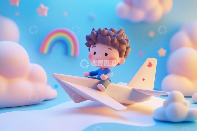 高清大图下载【趣麦麦图】童趣男孩驾驶纸飞机翱翔云端