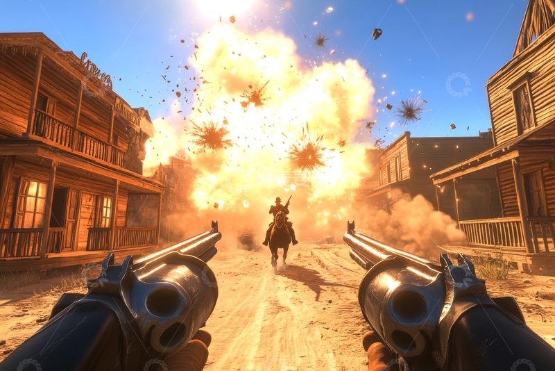 高清大图下载【趣麦麦图】西部小镇爆炸，双枪对峙