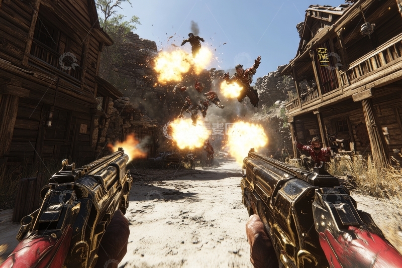 高清大图下载【趣麦麦图】双枪射击，爆炸四溅的西部小镇