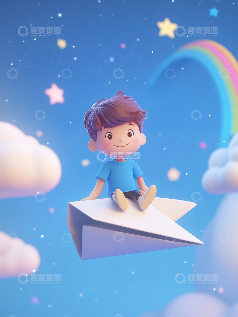 高清大图下载【趣麦麦图】男孩乘纸飞机遨游星空