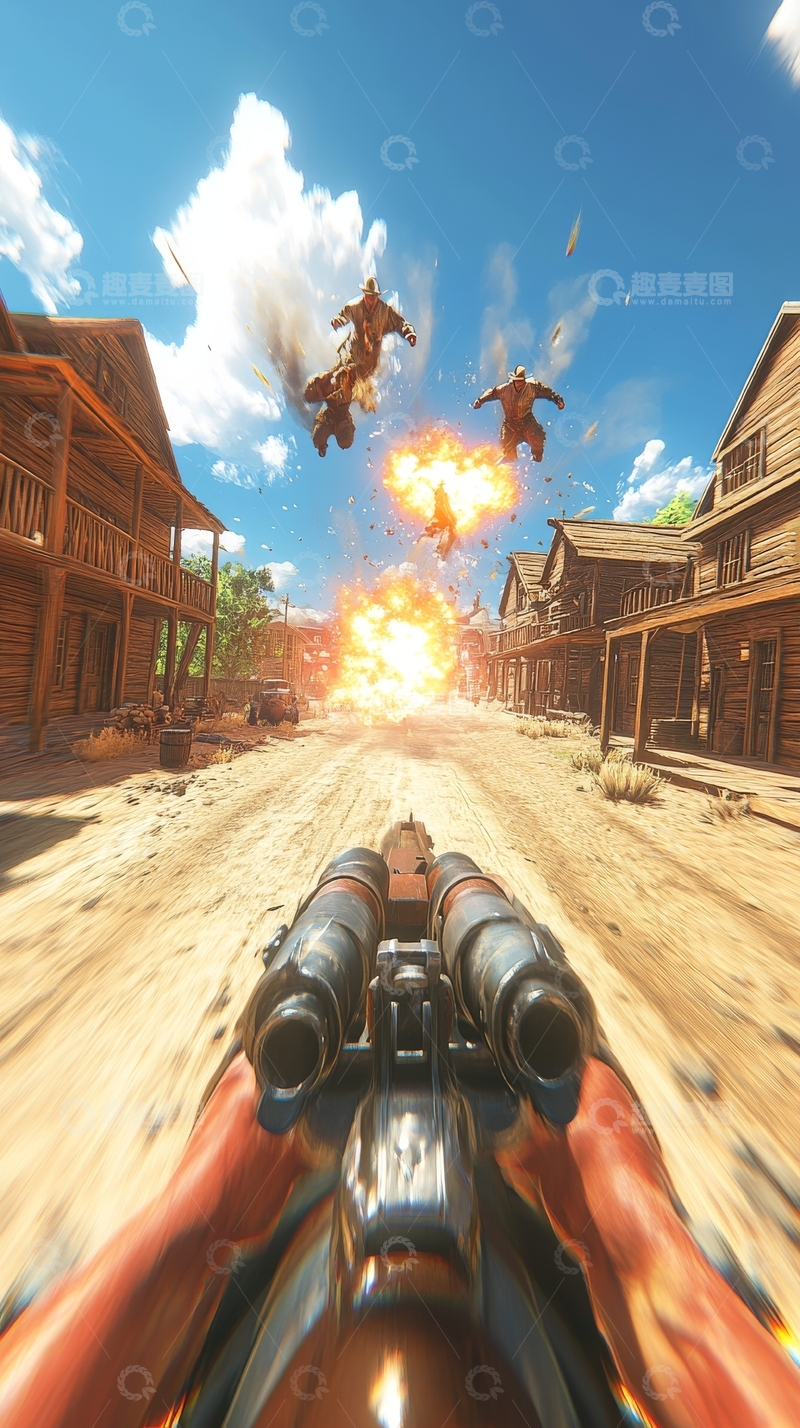高清大图下载【趣麦麦图】西部小镇枪战，爆炸与飞人