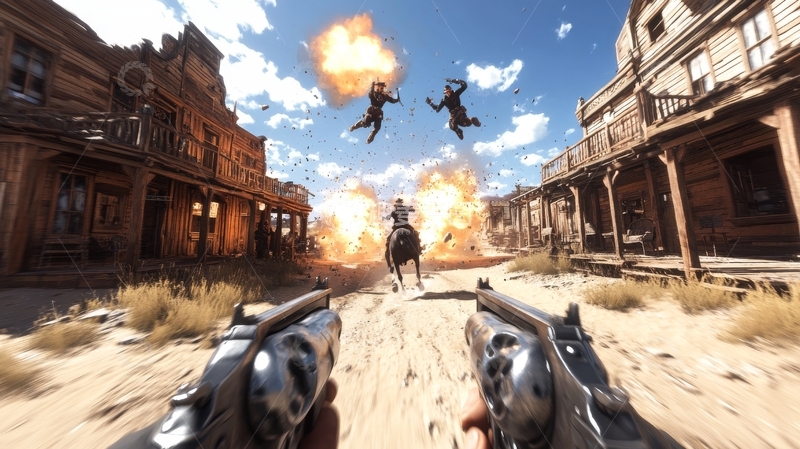 高清大图下载【趣麦麦图】西部小镇枪战，双枪对峙爆炸场面