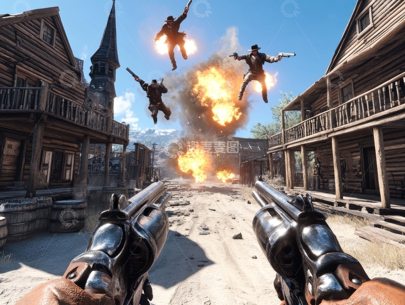 高清大图下载【趣麦麦图】西部小镇枪战，爆炸与飞身动作
