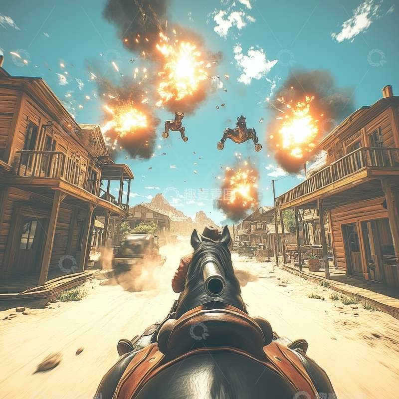 高清大图下载【趣麦麦图】西部小镇爆炸瞬间，骑马视角