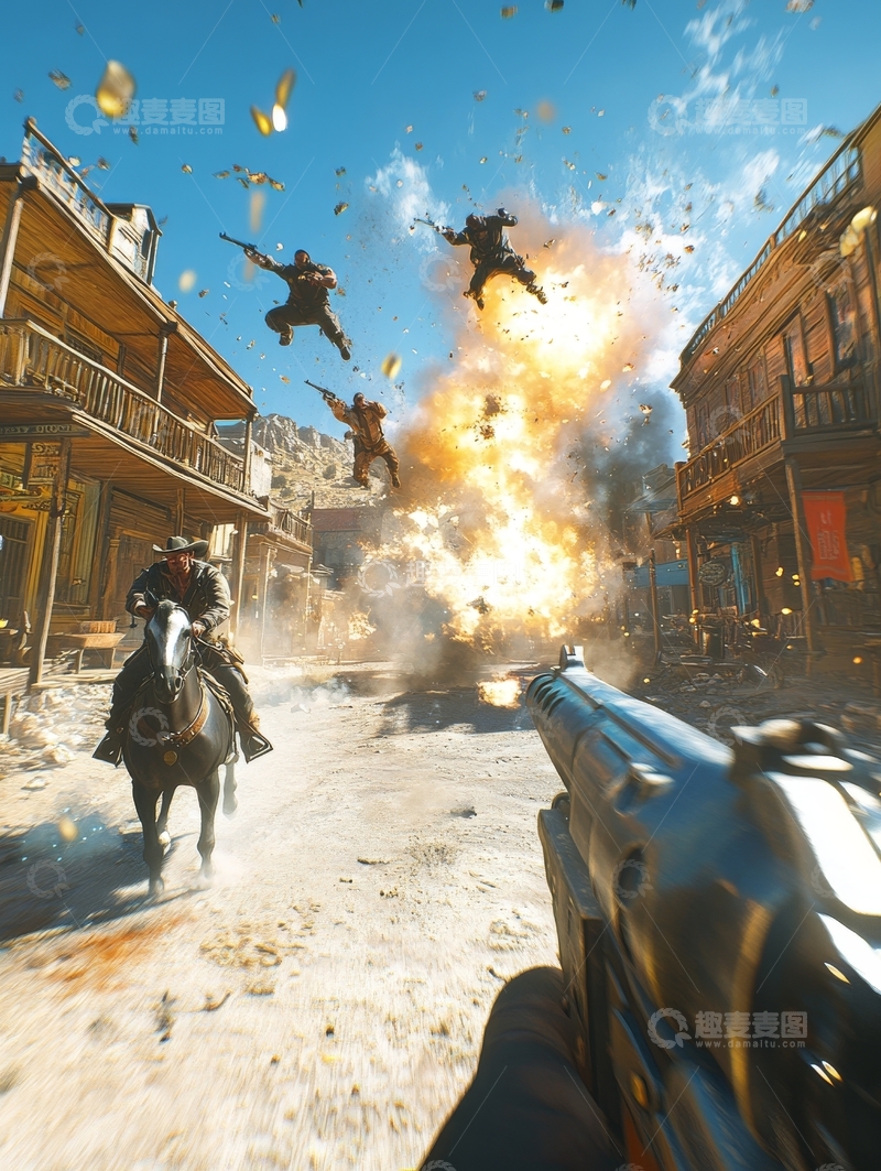 高清大图下载【趣麦麦图】西部小镇爆炸瞬间，枪战与飞马