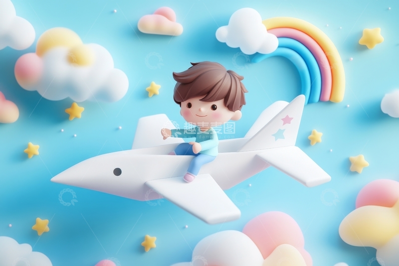 高清大图下载【趣麦麦图】童趣男孩乘纸飞机遨游彩虹云海