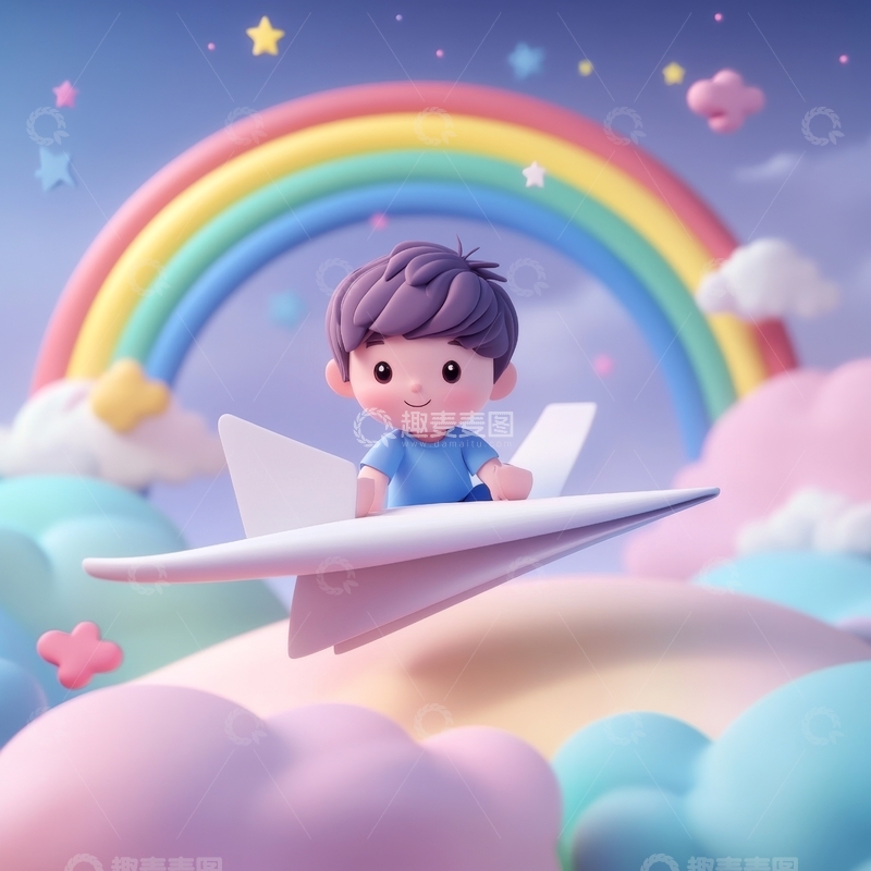 高清大图下载【趣麦麦图】童趣男孩乘纸飞机穿越彩虹