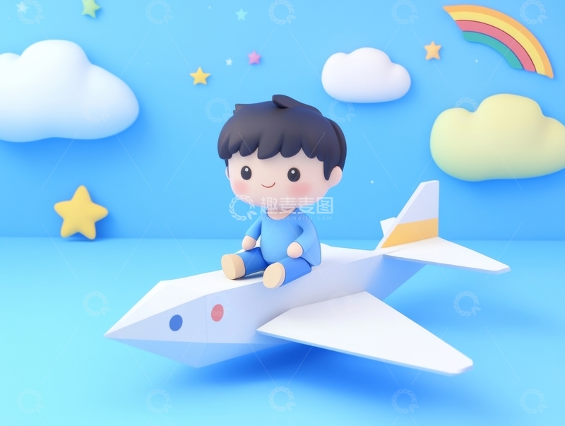 高清大图下载【趣麦麦图】童趣男孩乘纸飞机翱翔蓝天