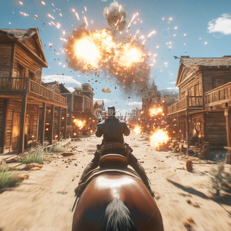 高清大图下载【趣麦麦图】西部小镇爆炸，牛仔骑马疾驰