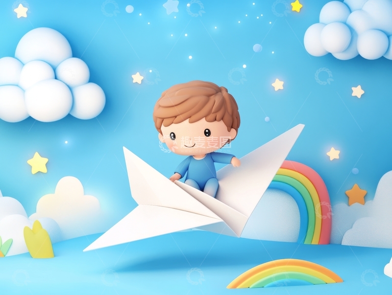 高清大图下载【趣麦麦图】童趣男孩乘纸飞机遨游云端