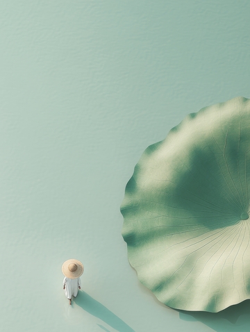 小人与巨大荷叶的静谧场景