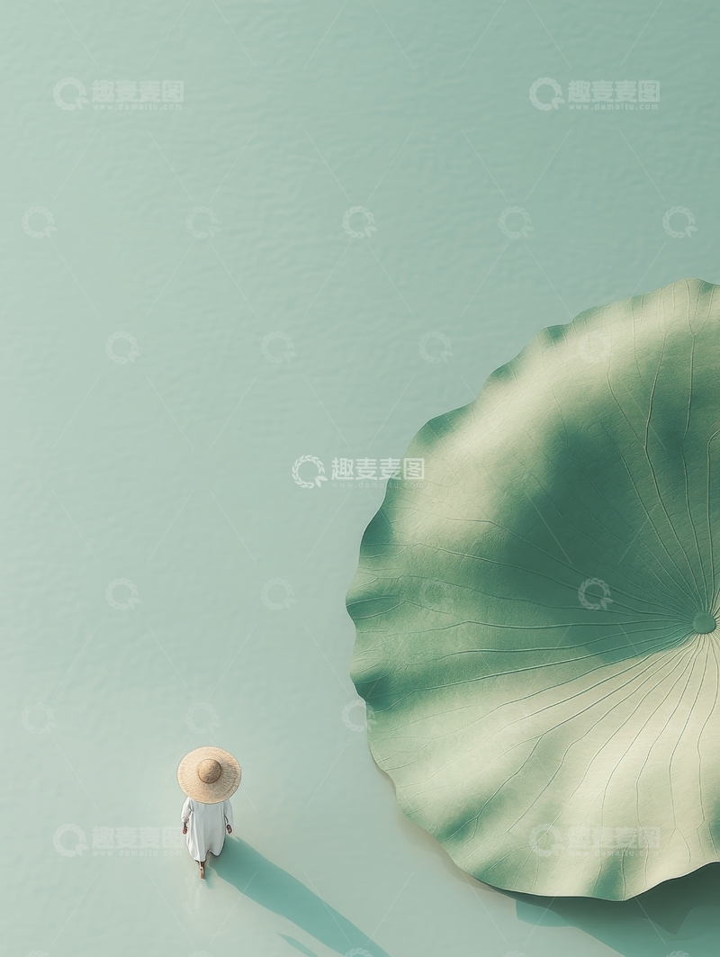 高清大图下载【趣麦麦图】小人与巨大荷叶的静谧场景