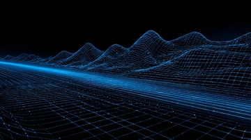 蓝色网格山脉与光带的数字景观