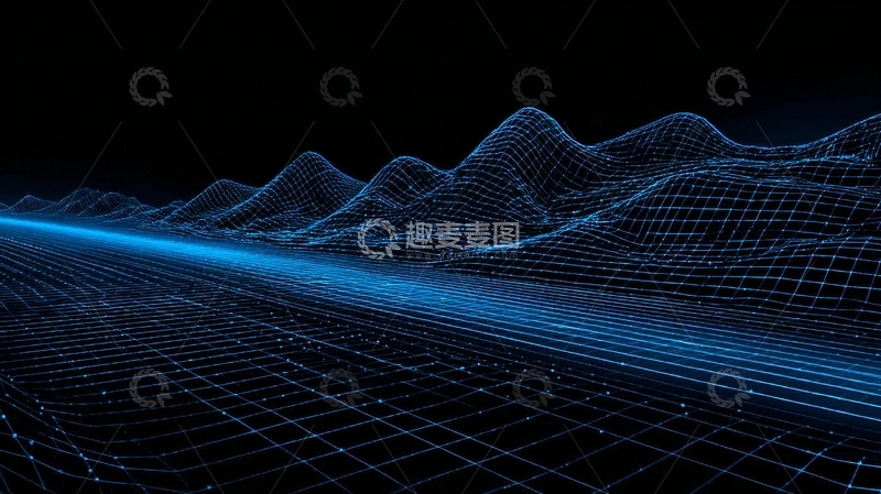 高清大图下载【趣麦麦图】蓝色网格山脉与光带的数字景观
