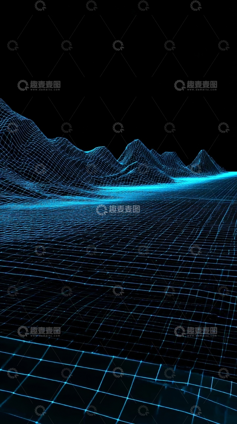 高清大图下载【趣麦麦图】蓝色网格山峦的数字景观
