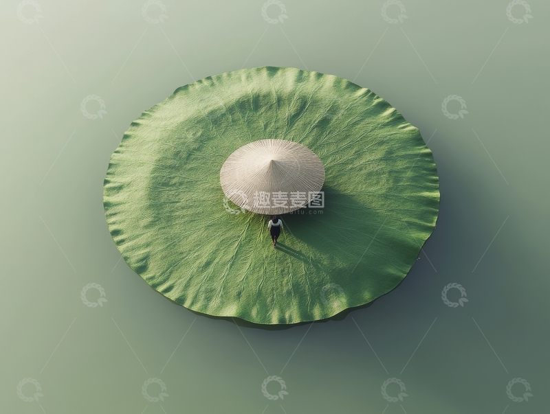 高清大图下载【趣麦麦图】荷叶上的斗笠人影