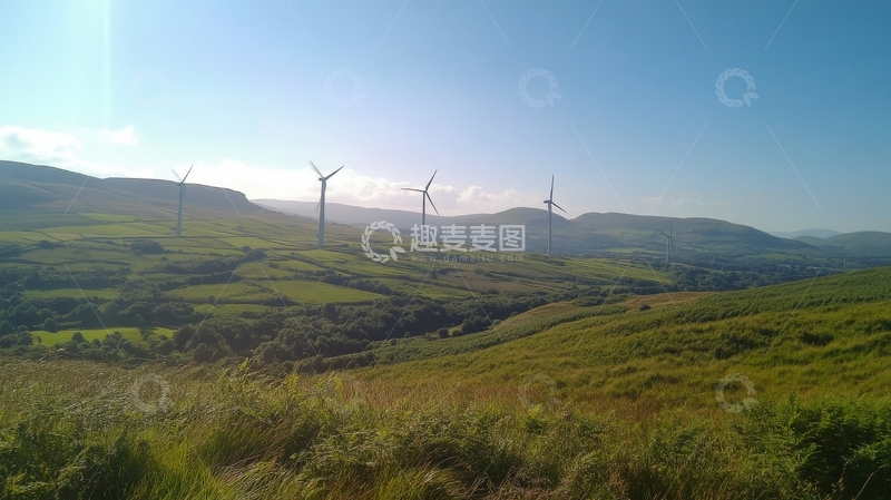 高清大图下载【趣麦麦图】风力发电机点缀的绿色山丘
