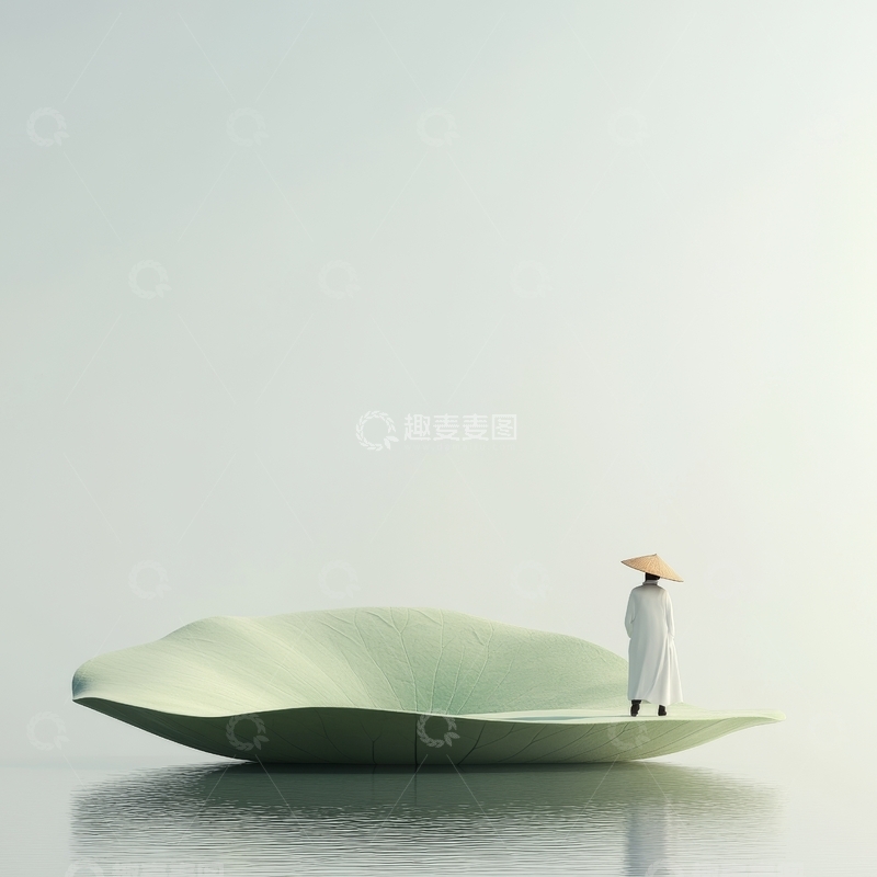 高清大图下载【趣麦麦图】湖面莲叶上站立的斗笠人