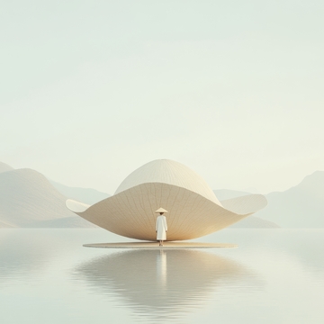 湖面莲花建筑与行人