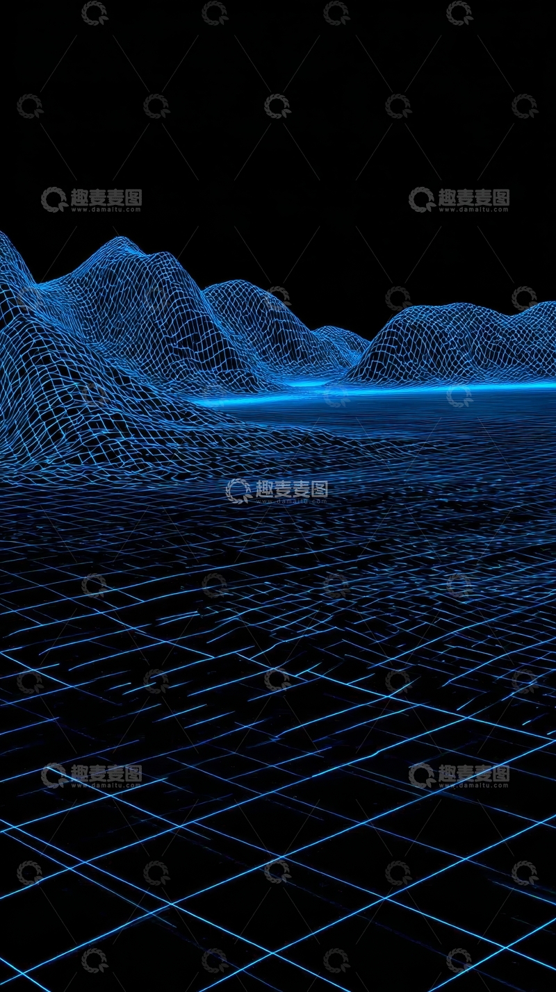 高清大图下载【趣麦麦图】-蓝色网格山脉与光带的未来景观