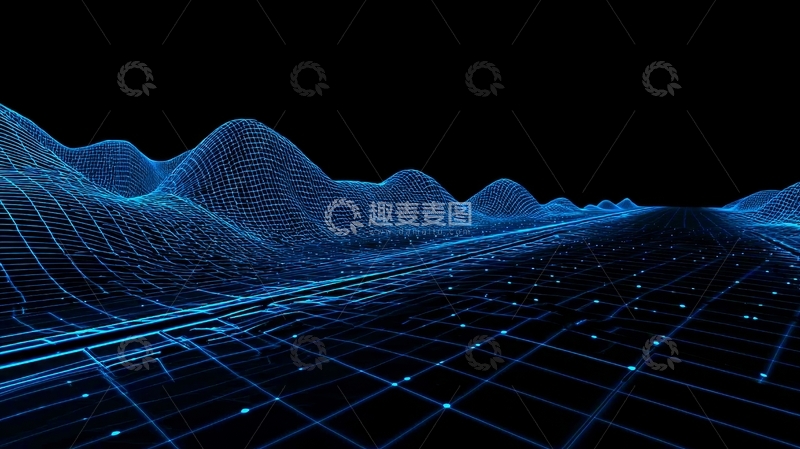 高清大图下载【趣麦麦图】蓝色网格山脉与平面的数字景观
