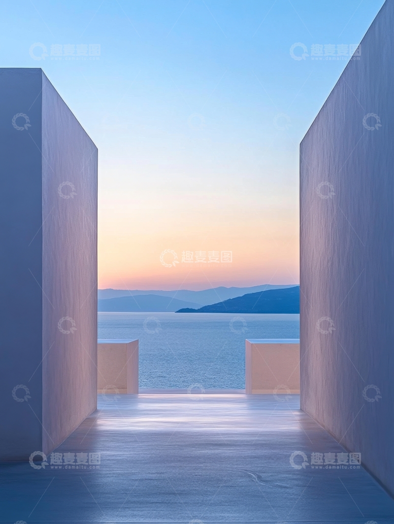 高清大图下载【趣麦麦图】日落时分的海滨建筑走廊