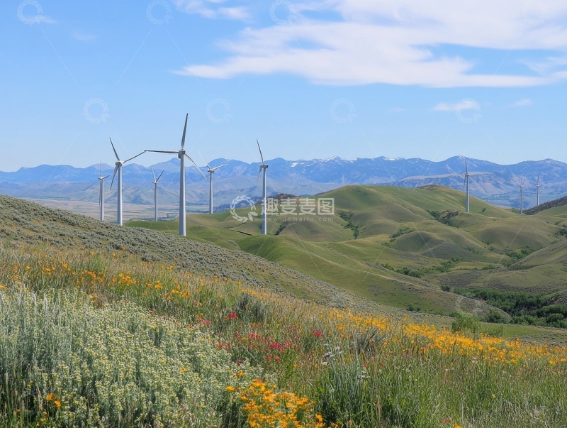 高清大图下载【趣麦麦图】风力发电机点缀的山地草原