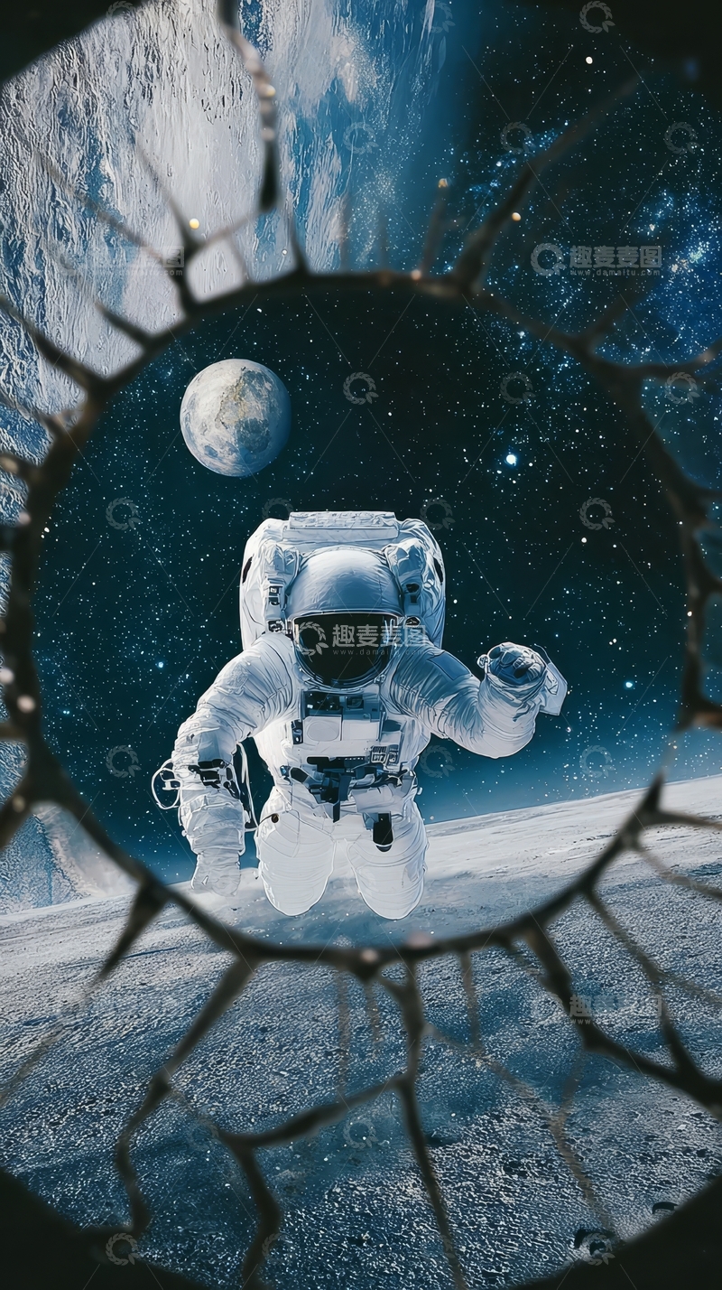 高清大图下载【趣麦麦图】宇航员在月球表面透过裂纹观察