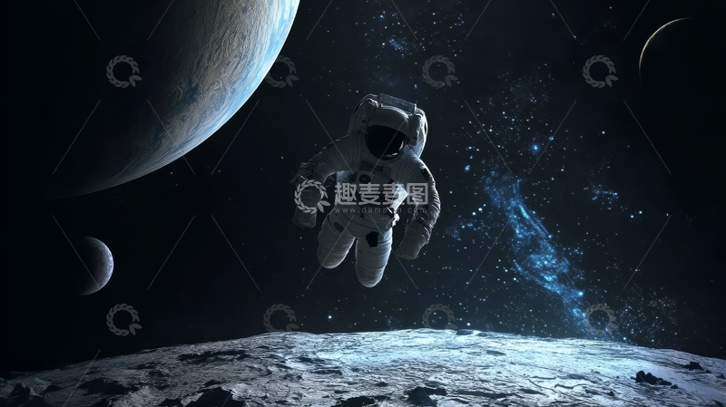 高清大图下载【趣麦麦图】宇航员在太空漂浮，背景是行星和星云