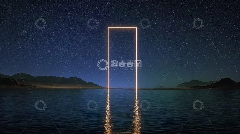 高清大图下载【趣麦麦图】夜空下的湖面与发光矩形门