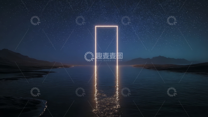 高清大图下载【趣麦麦图】夜空下的发光门框倒映水中