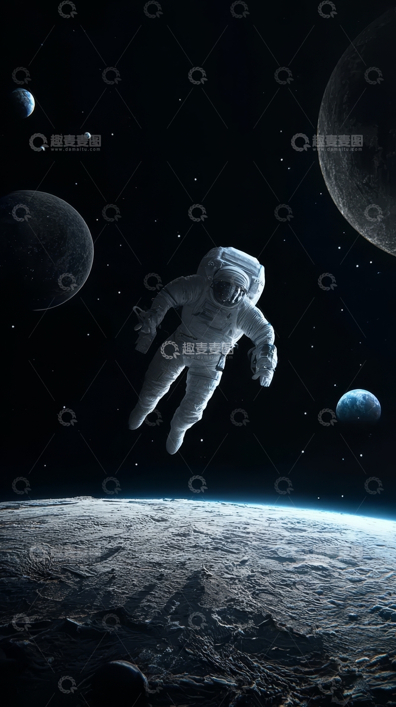 高清大图下载【趣麦麦图】宇航员在多行星背景下的太空漂浮