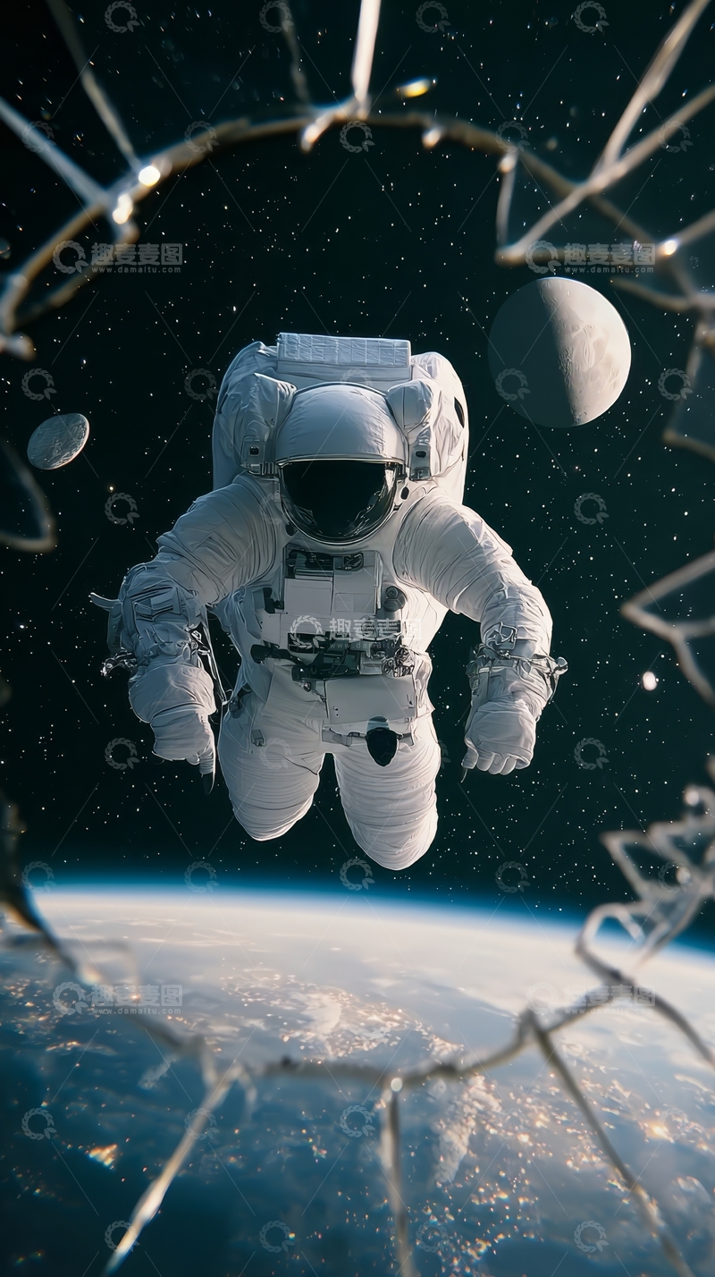 高清大图下载【趣麦麦图】宇航员在太空漂浮，背景为地球和月亮