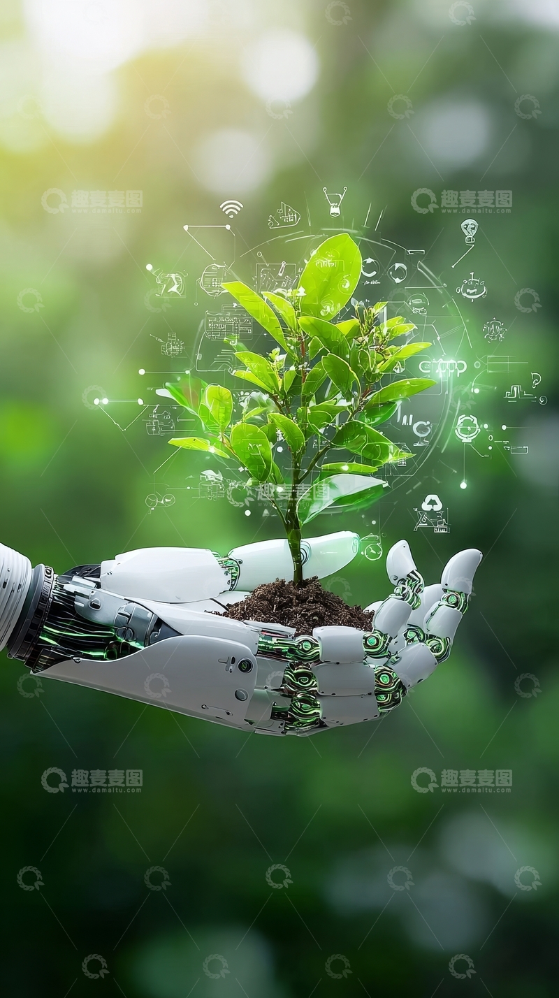 高清大图下载【趣麦麦图】机械手托举绿植，科技与自然融合