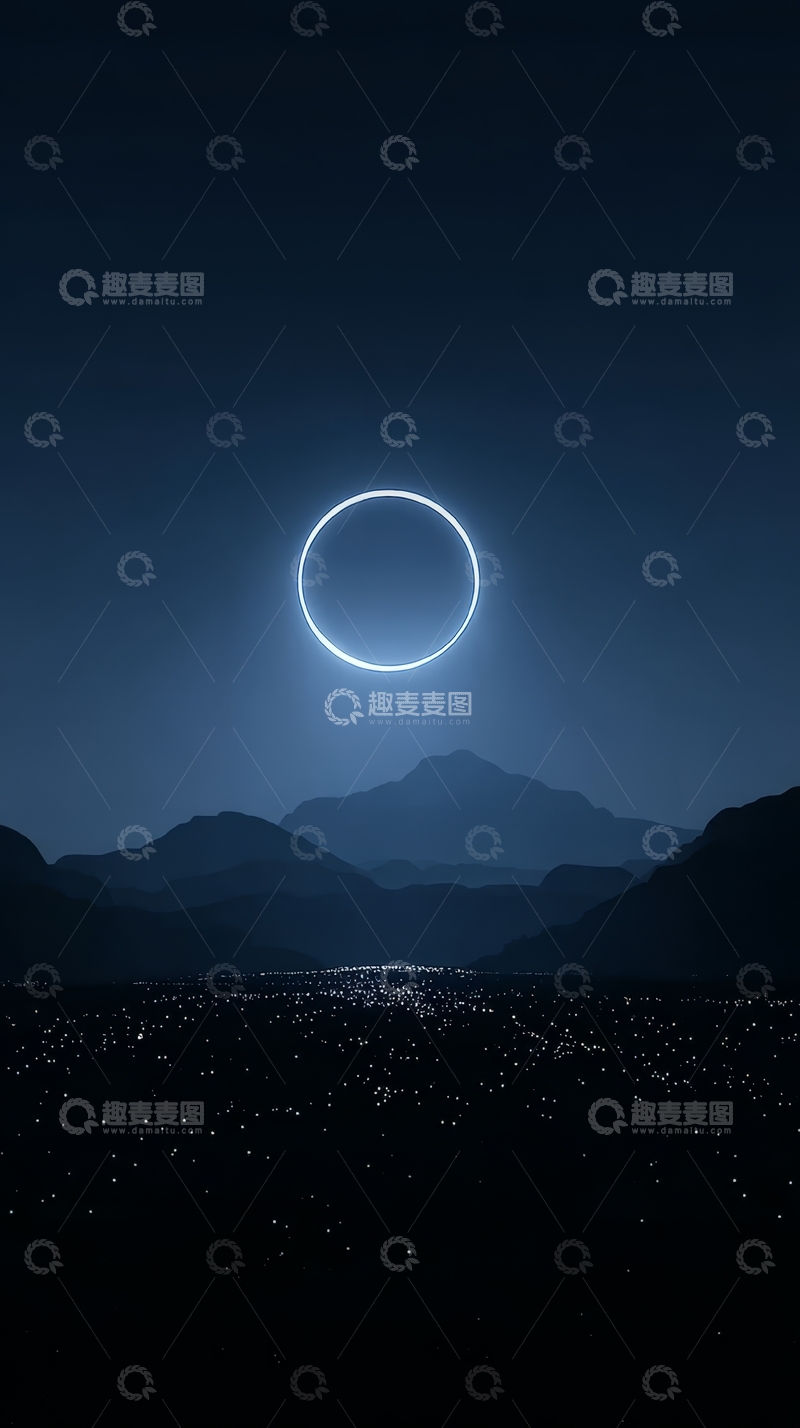 高清大图下载【趣麦麦图】夜空下的环形光晕与山脉