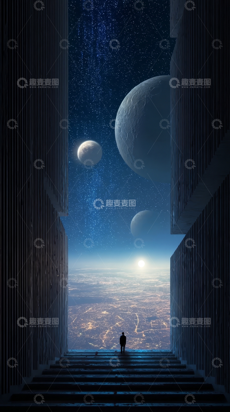 高清大图下载【趣麦麦图】高楼间仰望星空与行星