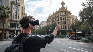 男子佩戴VR眼镜在城市街道上体验虚拟现实