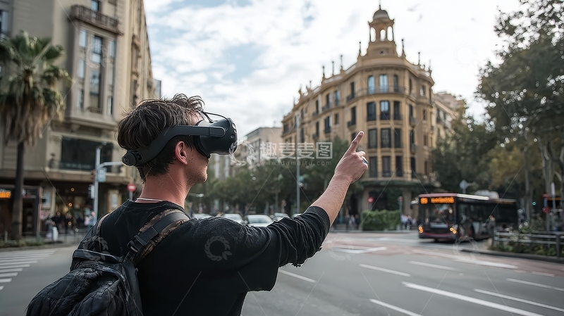 高清大图下载【趣麦麦图】男子佩戴VR眼镜在城市街道上体验虚拟现实