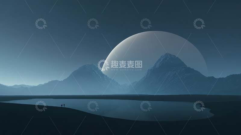高清大图下载【趣麦麦图】宁静湖畔与巨大月亮的夜景