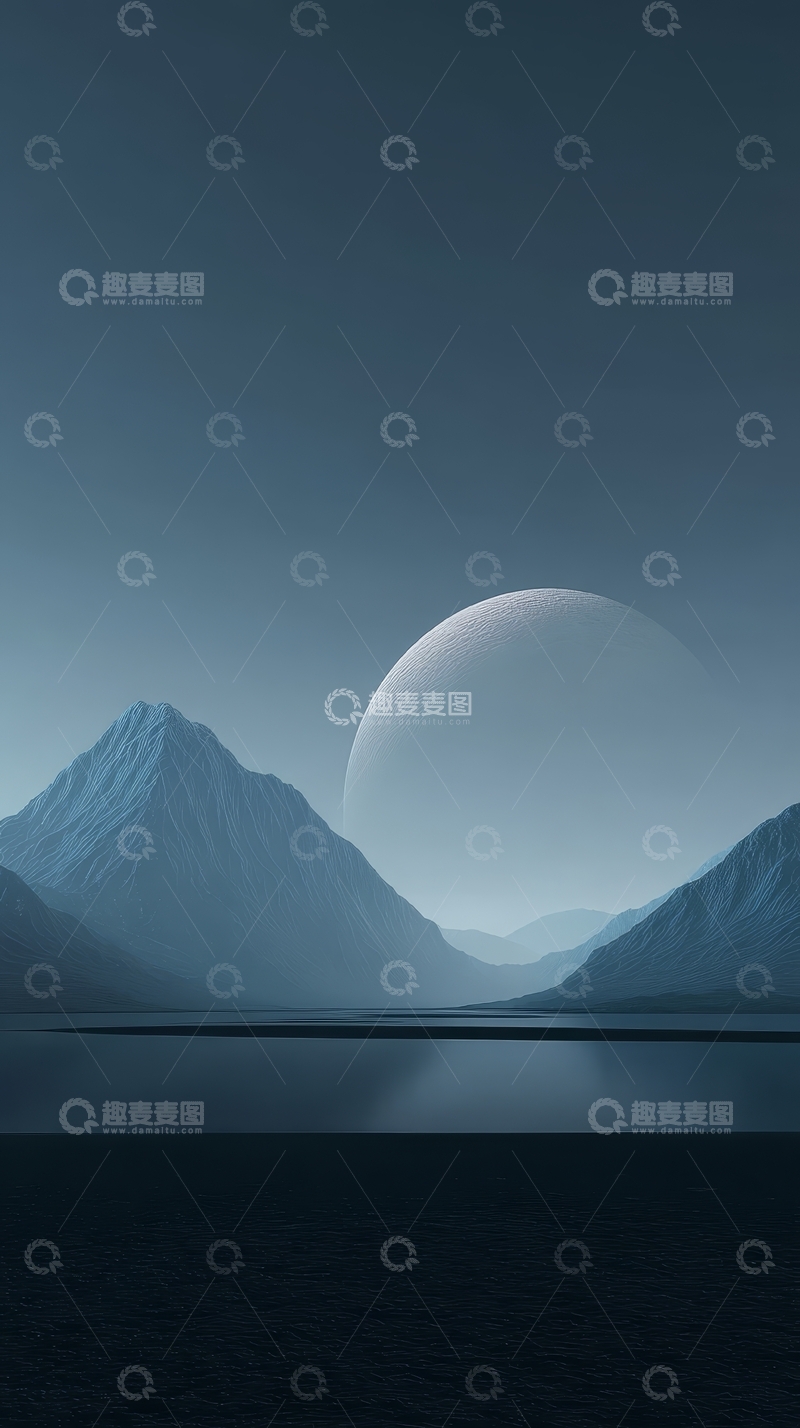高清大图下载【趣麦麦图】宁静湖畔与巨大行星的奇幻景象