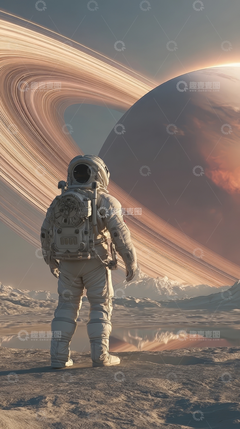 高清大图下载【趣麦麦图】宇航员凝视环状行星的壮丽景象