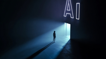 AI之光：人物站在未来科技入口