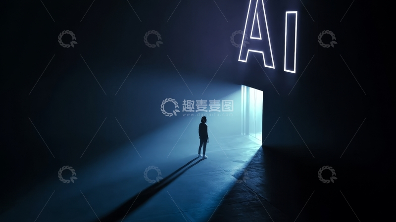 高清大图下载【趣麦麦图】AI之光：人物站在未来科技入口