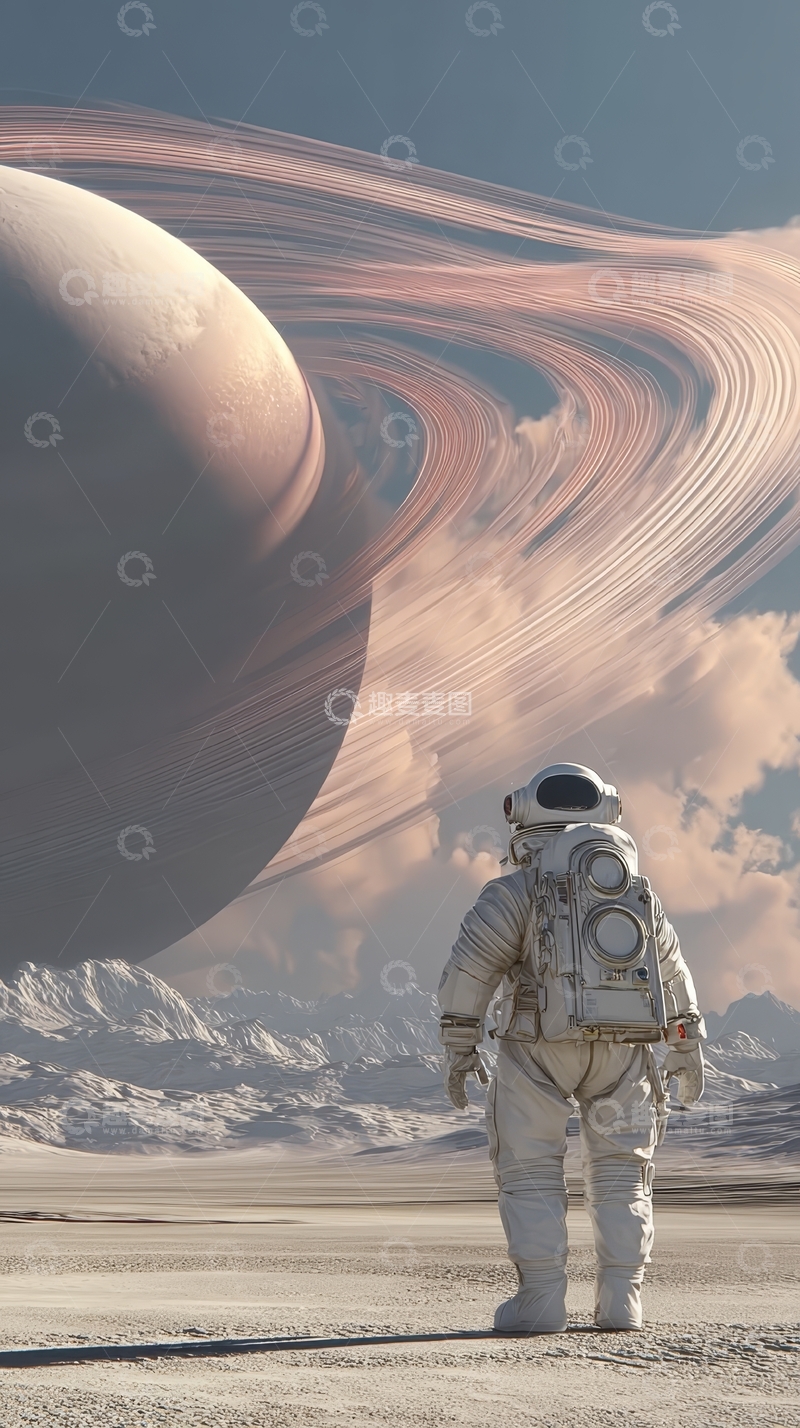 高清大图下载【趣麦麦图】宇航员凝视巨大行星与环带