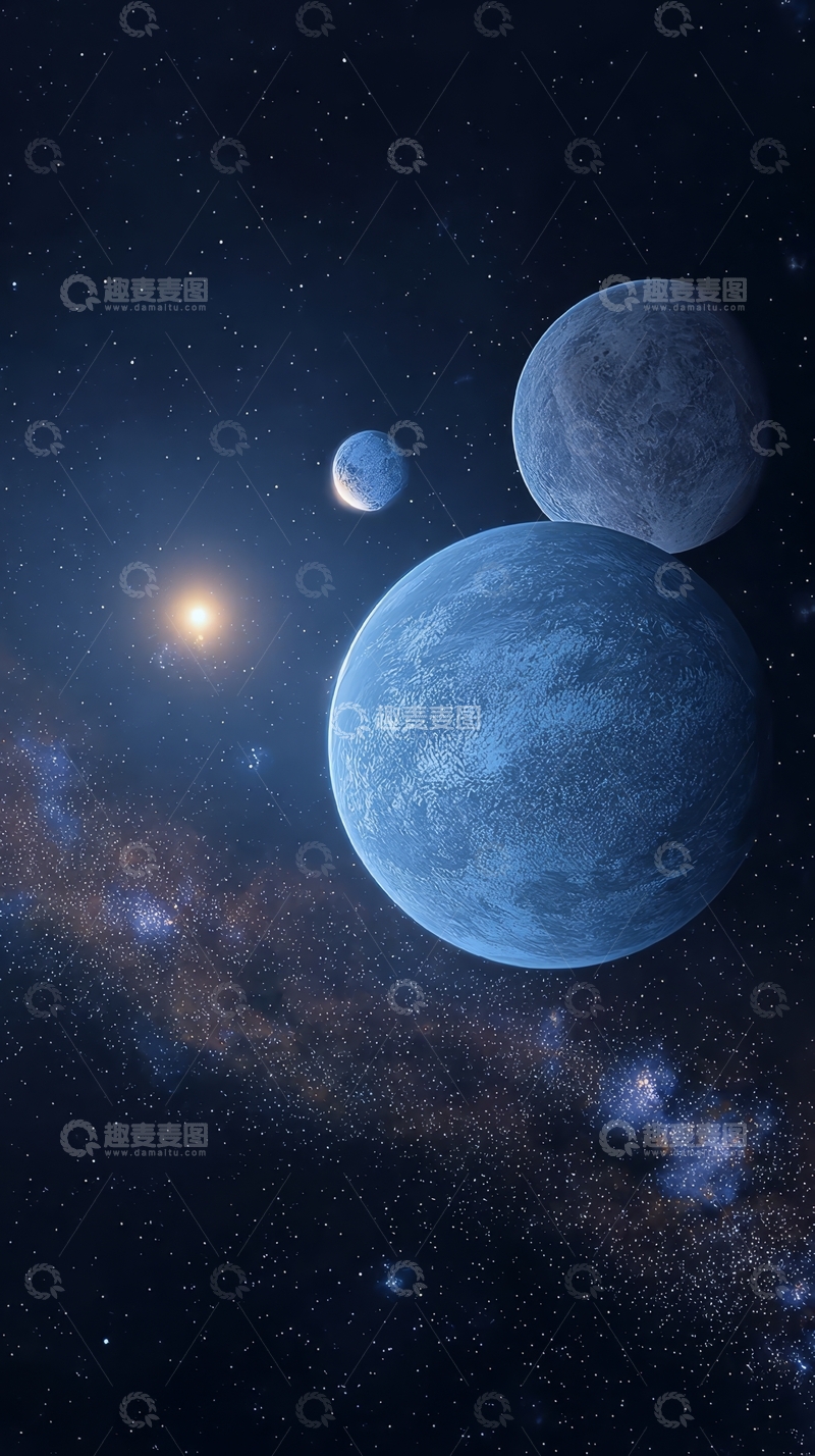 高清大图下载【趣麦麦图】宇宙中的蓝色行星与卫星