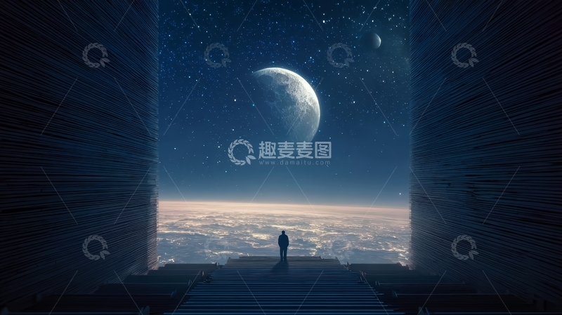 高清大图下载【趣麦麦图】星空下的阶梯与孤独身影