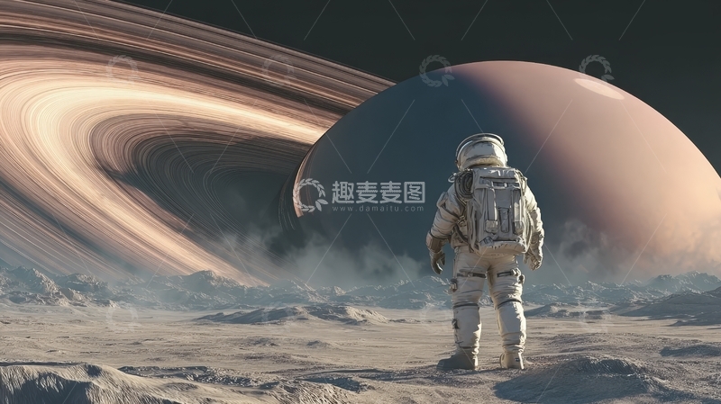 高清大图下载【趣麦麦图】宇航员凝视环状行星的壮丽景象