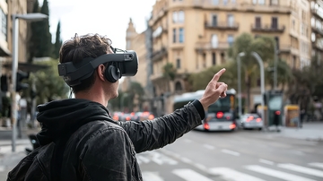 男子佩戴虚拟现实头盔在城市街道上操作