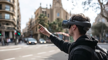 男子佩戴虚拟现实设备在城市街道上操作